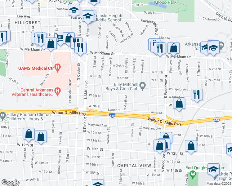 map of restaurants, bars, coffee shops, grocery stores, and more near 520 Valmar Street in Little Rock