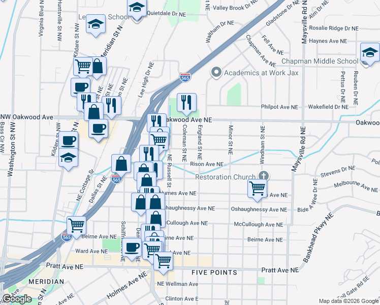 map of restaurants, bars, coffee shops, grocery stores, and more near 1102 Coleman Street Northeast in Huntsville