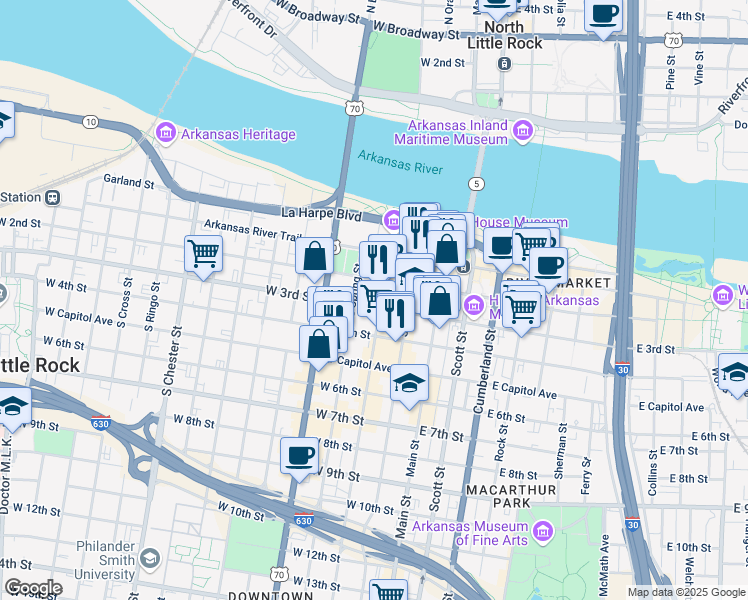 map of restaurants, bars, coffee shops, grocery stores, and more near 212 Center Street in Little Rock