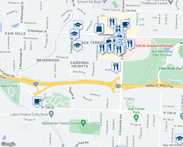 map of restaurants, bars, coffee shops, grocery stores, and more near 612 Chickadee Drive in Little Rock