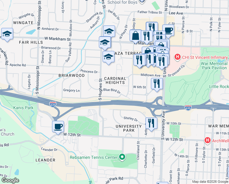 map of restaurants, bars, coffee shops, grocery stores, and more near 11 Bobolink Circle in Little Rock