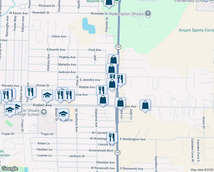 map of restaurants, bars, coffee shops, grocery stores, and more near 1694 South Wilson Dam Road in Muscle Shoals