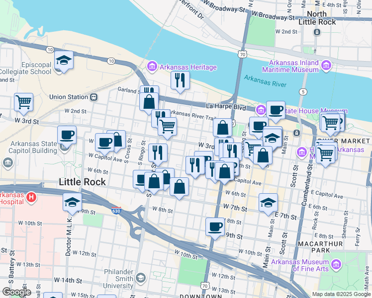 map of restaurants, bars, coffee shops, grocery stores, and more near 309 South State Street in Little Rock