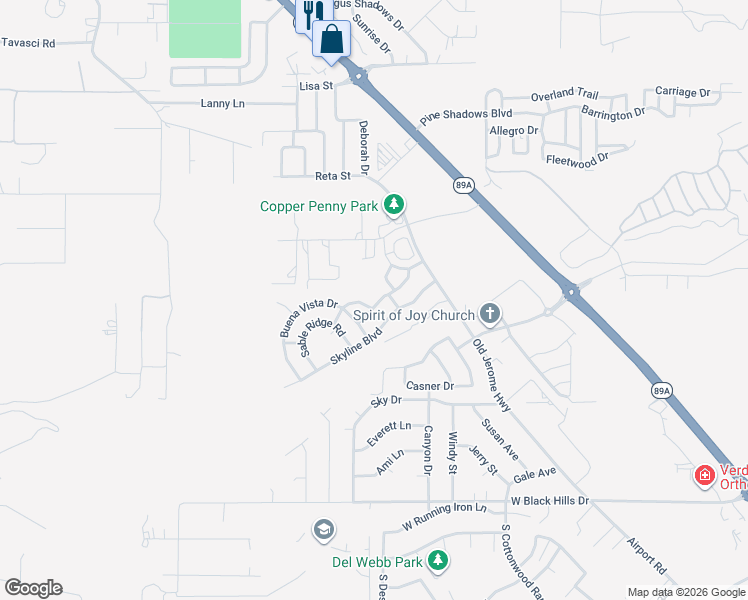 map of restaurants, bars, coffee shops, grocery stores, and more near 166 Echo Canyon Drive in Clarkdale