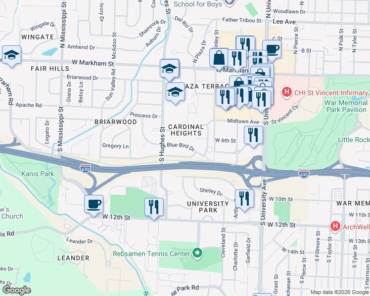 map of restaurants, bars, coffee shops, grocery stores, and more near 11 Bobolink Circle in Little Rock