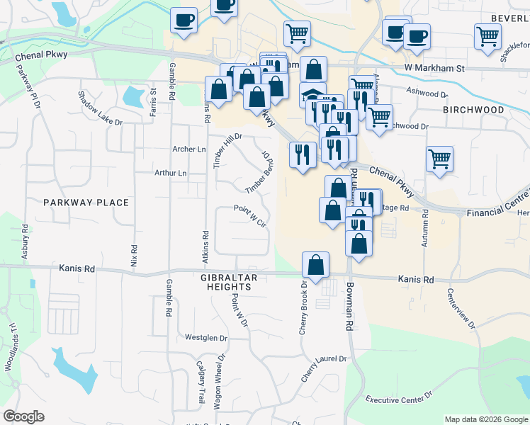 map of restaurants, bars, coffee shops, grocery stores, and more near 3 Wood Hill Court in Little Rock