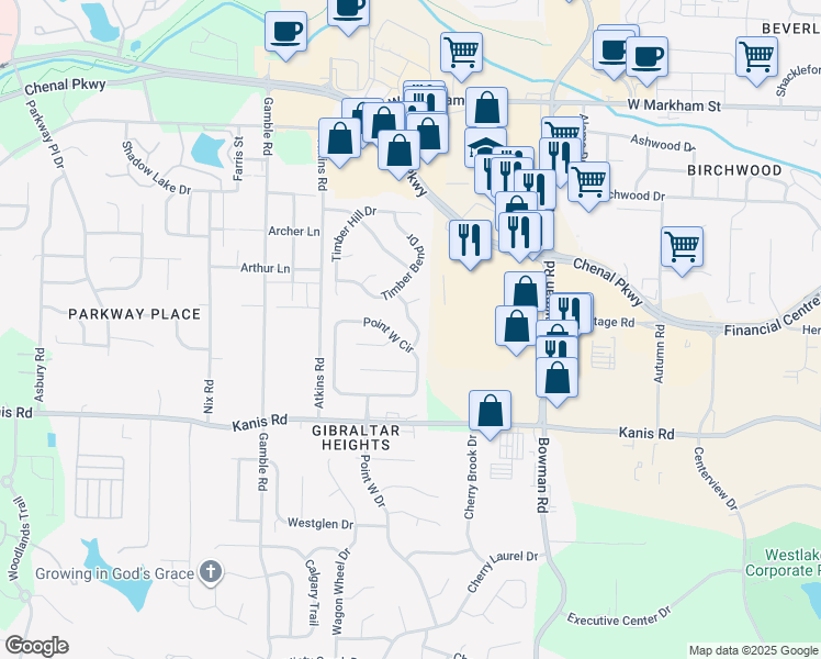 map of restaurants, bars, coffee shops, grocery stores, and more near 3 Wood Hill Court in Little Rock