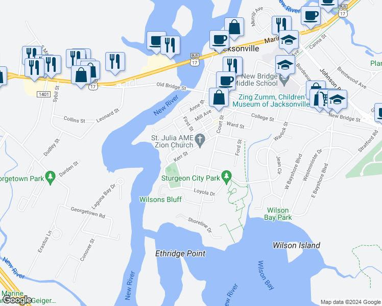 map of restaurants, bars, coffee shops, grocery stores, and more near 70 Kerr Street in Jacksonville