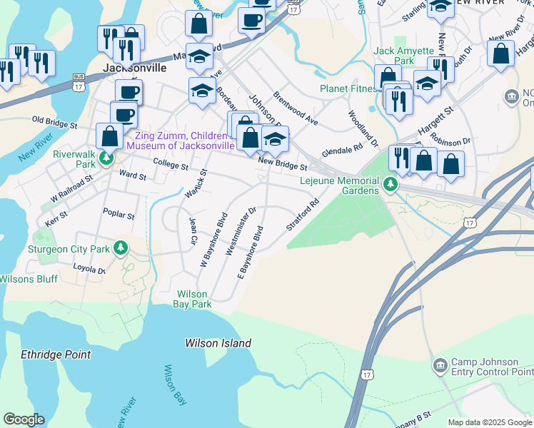 map of restaurants, bars, coffee shops, grocery stores, and more near 122 East Bayshore Boulevard in Jacksonville