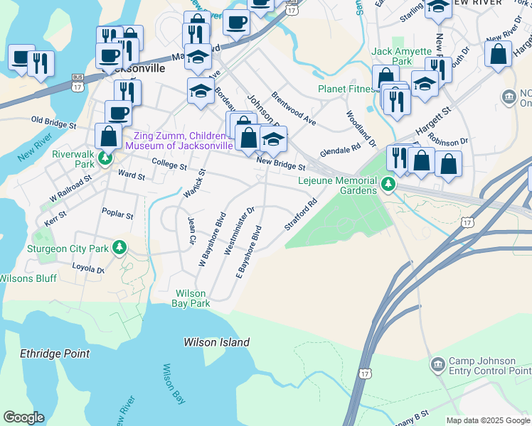 map of restaurants, bars, coffee shops, grocery stores, and more near 122 East Bayshore Boulevard in Jacksonville