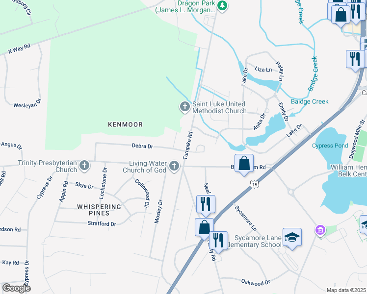 map of restaurants, bars, coffee shops, grocery stores, and more near S Turnpike Rd in Laurinburg