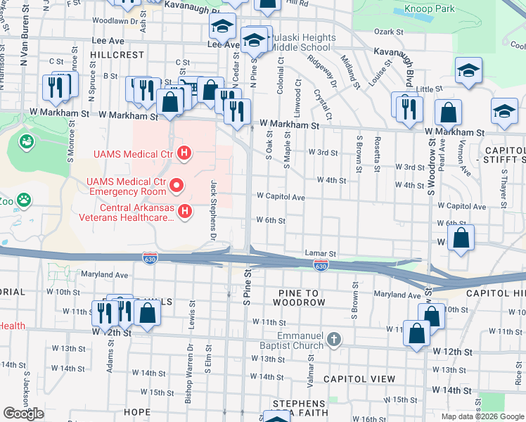 map of restaurants, bars, coffee shops, grocery stores, and more near 3815 West Capitol Avenue in Little Rock