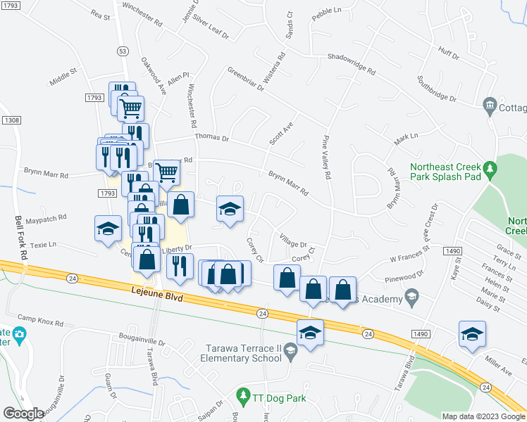 map of restaurants, bars, coffee shops, grocery stores, and more near 104 Village Circle in Jacksonville