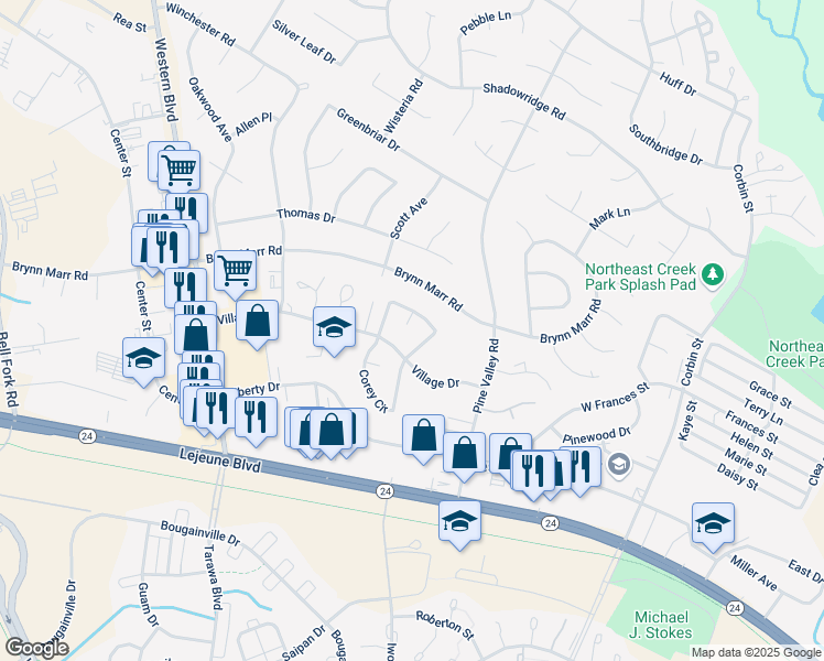 map of restaurants, bars, coffee shops, grocery stores, and more near 148 Village Court in Jacksonville