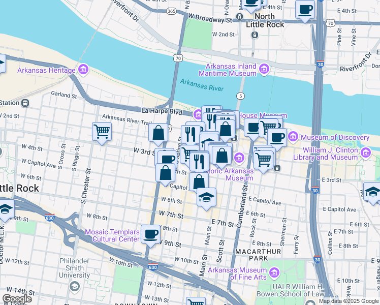 map of restaurants, bars, coffee shops, grocery stores, and more near 212 Center Street in Little Rock