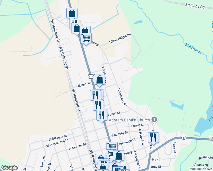 map of restaurants, bars, coffee shops, grocery stores, and more near 399 Dixon Street in Wallace