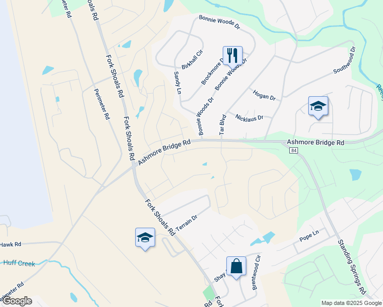 map of restaurants, bars, coffee shops, grocery stores, and more near 3 Bonnie Woods Drive in Greenville