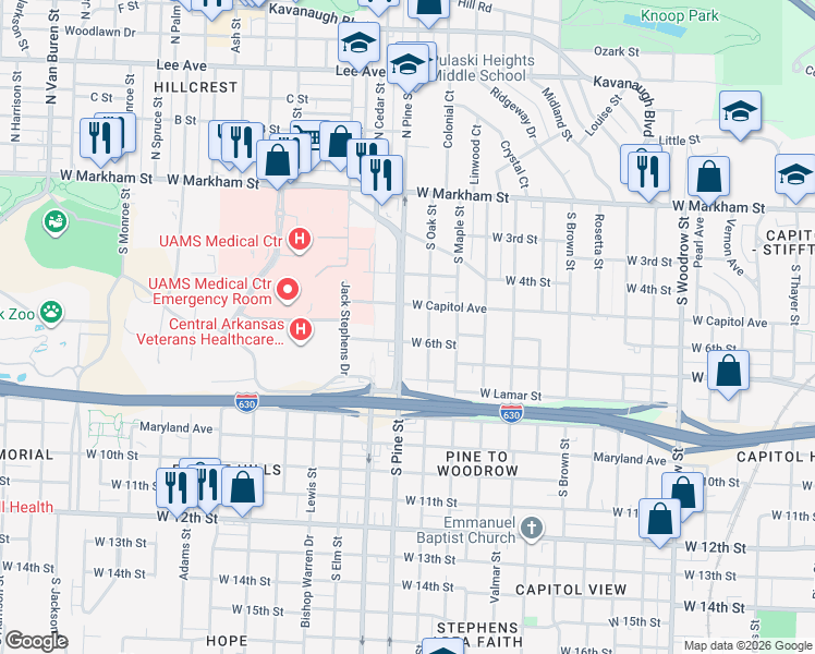 map of restaurants, bars, coffee shops, grocery stores, and more near 509 South Pine Street in Little Rock