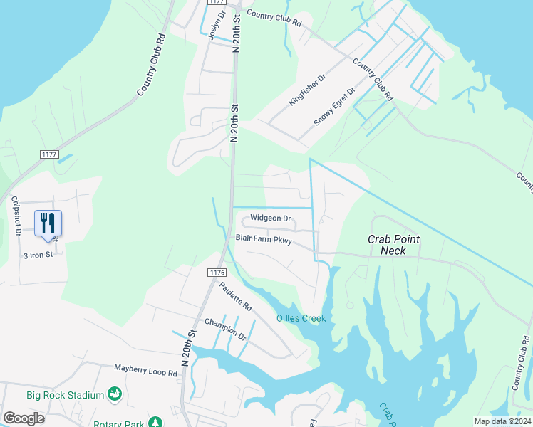 map of restaurants, bars, coffee shops, grocery stores, and more near 1900 Widgeon Drive in Morehead City