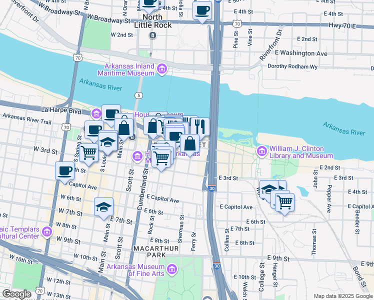 map of restaurants, bars, coffee shops, grocery stores, and more near in Little Rock