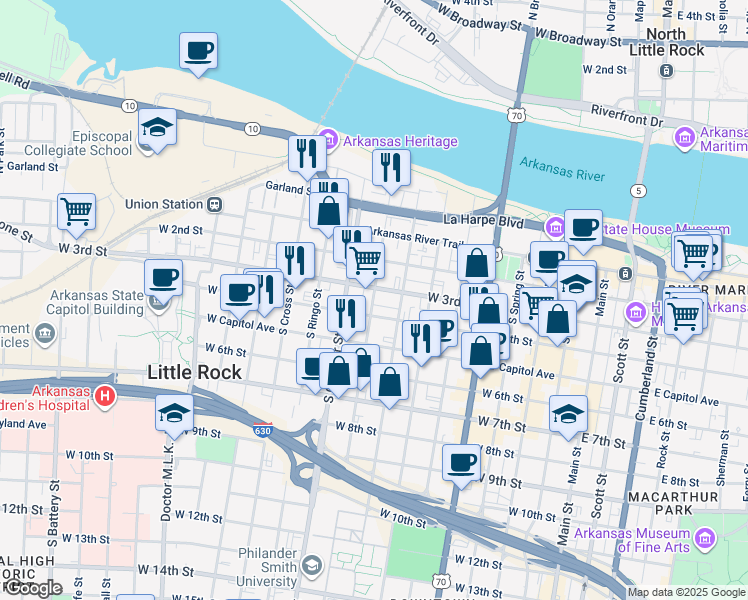 map of restaurants, bars, coffee shops, grocery stores, and more near 901 West 3rd Street in Little Rock