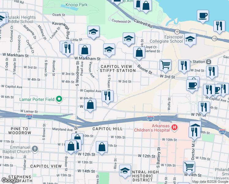 map of restaurants, bars, coffee shops, grocery stores, and more near 313 Rice Street in Little Rock