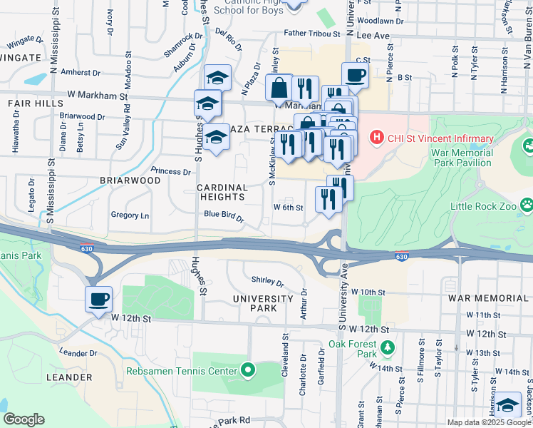 map of restaurants, bars, coffee shops, grocery stores, and more near 517 Chickadee Drive in Little Rock