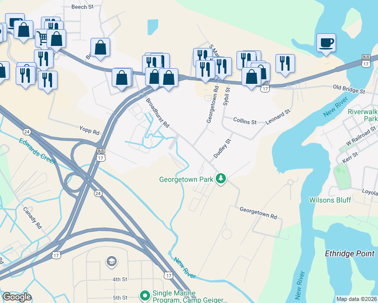 map of restaurants, bars, coffee shops, grocery stores, and more near 200 Broadhurst Road in Jacksonville