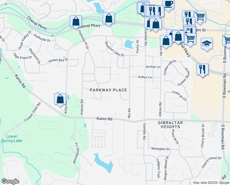 map of restaurants, bars, coffee shops, grocery stores, and more near 18 Burkwood Drive in Little Rock