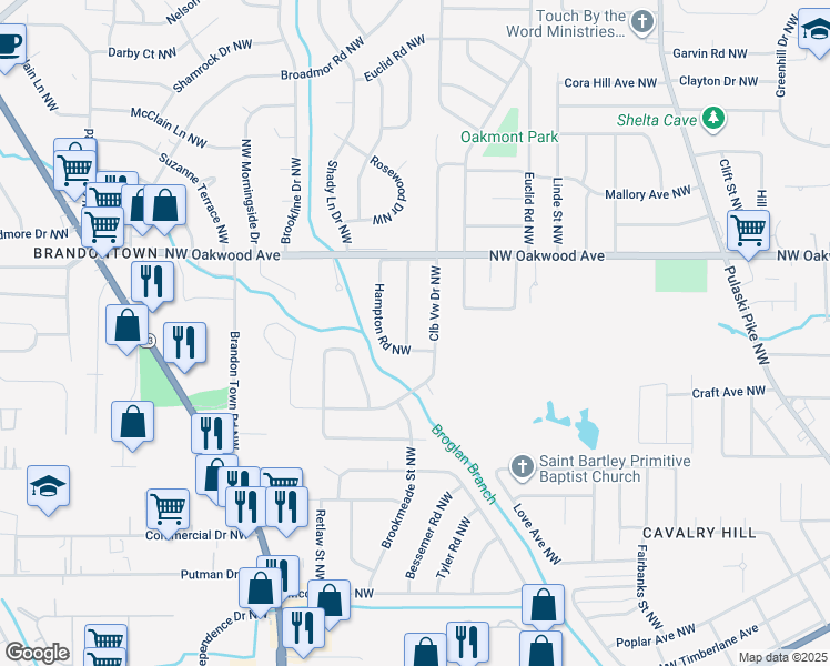 map of restaurants, bars, coffee shops, grocery stores, and more near 1608 Sebring Street Northwest in Huntsville