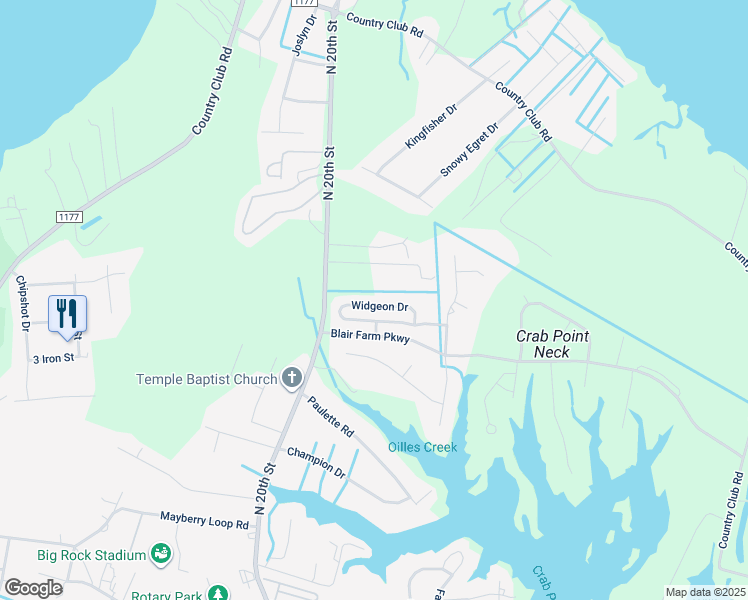 map of restaurants, bars, coffee shops, grocery stores, and more near 1900 Widgeon Drive in Morehead City