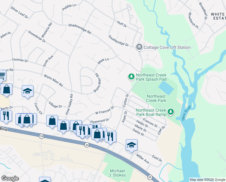 map of restaurants, bars, coffee shops, grocery stores, and more near 131 Pine Crest Drive in Jacksonville
