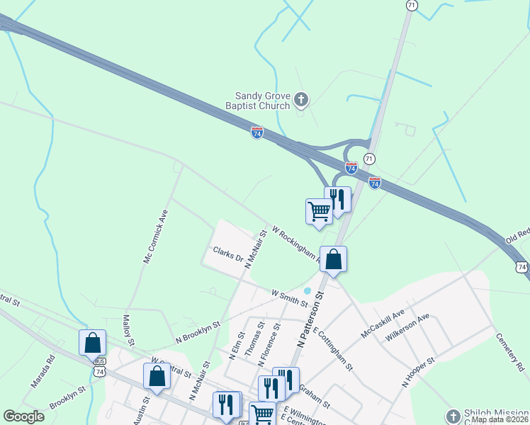 map of restaurants, bars, coffee shops, grocery stores, and more near 638 North McNair Street in Maxton