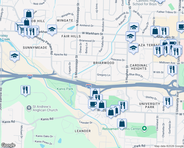 map of restaurants, bars, coffee shops, grocery stores, and more near 723 Ouachita Place in Little Rock