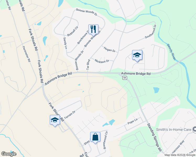 map of restaurants, bars, coffee shops, grocery stores, and more near 928 Ashmore Bridge Road in Greenville
