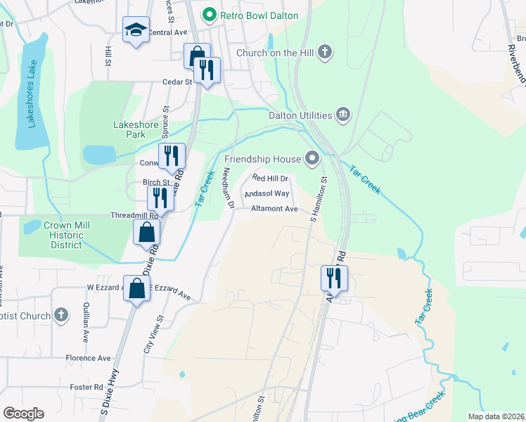 map of restaurants, bars, coffee shops, grocery stores, and more near in Dalton