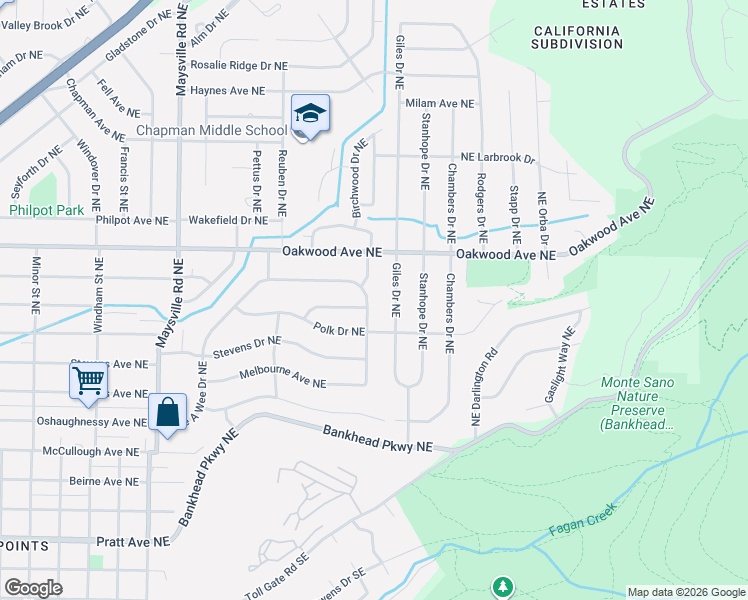 map of restaurants, bars, coffee shops, grocery stores, and more near 1008 Peck Road Northeast in Huntsville