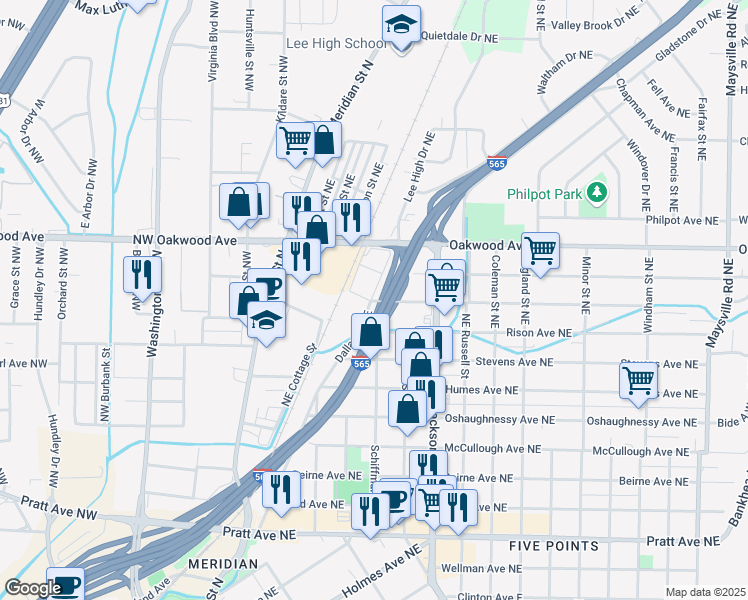 map of restaurants, bars, coffee shops, grocery stores, and more near 1300 Meridian Street North in Huntsville