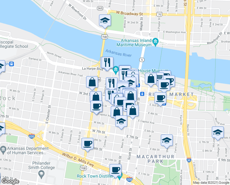 map of restaurants, bars, coffee shops, grocery stores, and more near 111 Center Street in Little Rock