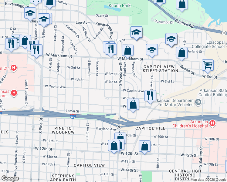 map of restaurants, bars, coffee shops, grocery stores, and more near 3020 West Capitol Avenue in Little Rock