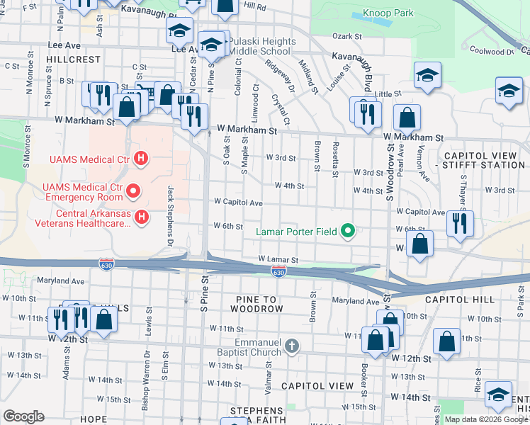 map of restaurants, bars, coffee shops, grocery stores, and more near 3523 West Capitol Avenue in Little Rock