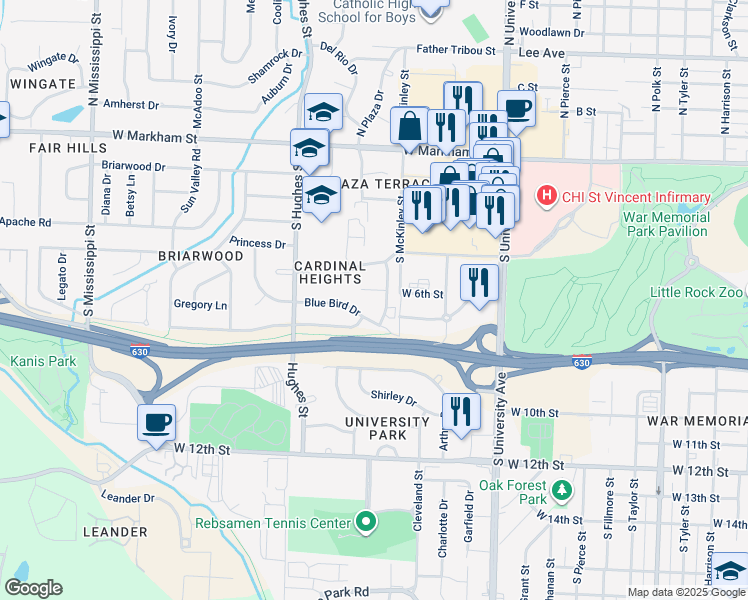 map of restaurants, bars, coffee shops, grocery stores, and more near 11 Bobolink Circle in Little Rock