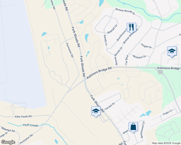map of restaurants, bars, coffee shops, grocery stores, and more near 1116 Ashmore Bridge Road in Greenville