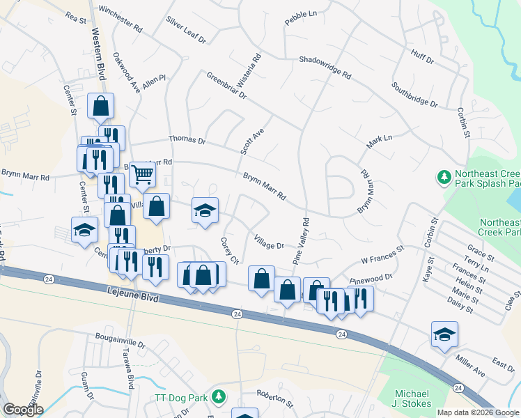 map of restaurants, bars, coffee shops, grocery stores, and more near 149 Village Circle in Jacksonville