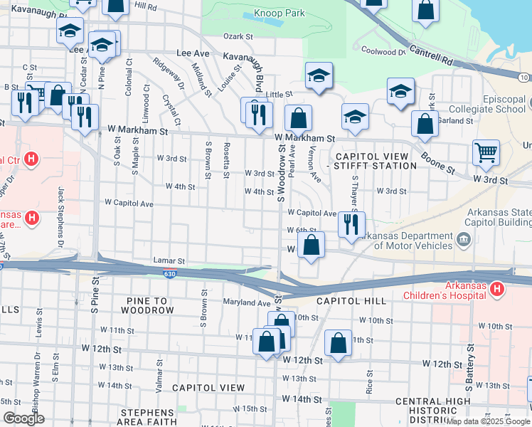 map of restaurants, bars, coffee shops, grocery stores, and more near 3020 West Capitol Avenue in Little Rock