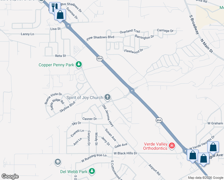 map of restaurants, bars, coffee shops, grocery stores, and more near Crystal Peak Drive in Clarkdale