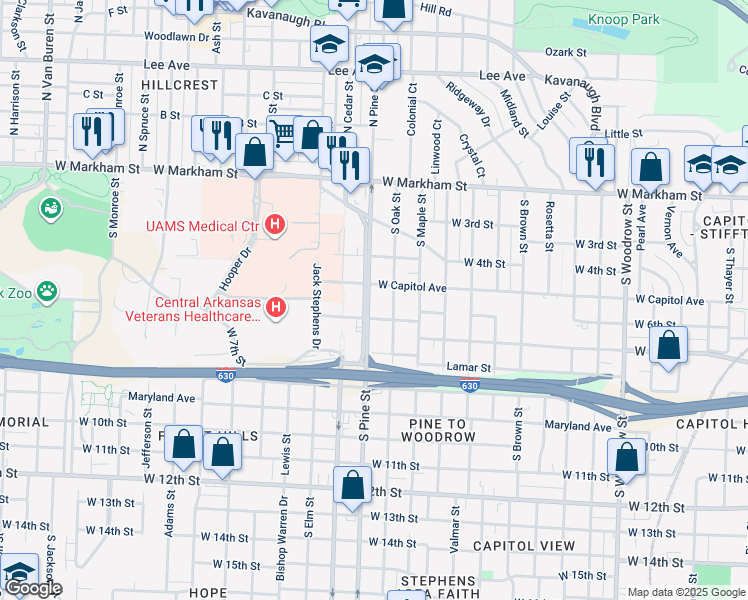 map of restaurants, bars, coffee shops, grocery stores, and more near 3815 West Capitol Avenue in Little Rock
