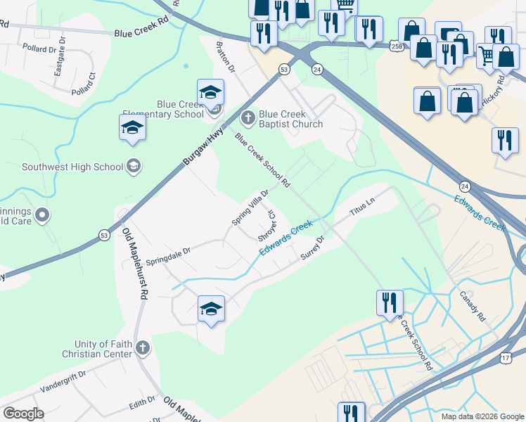 map of restaurants, bars, coffee shops, grocery stores, and more near 1175 Shroyer Circle in Jacksonville