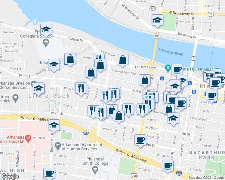 map of restaurants, bars, coffee shops, grocery stores, and more near 901 West 3rd Street in Little Rock
