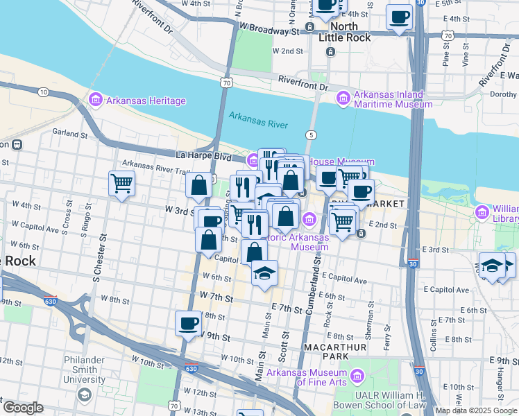 map of restaurants, bars, coffee shops, grocery stores, and more near 111 Center Street in Little Rock